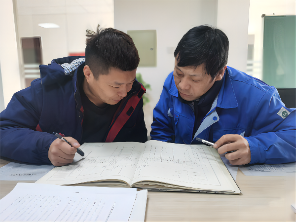 2月17日上午，化工四班班長(zhǎng)楊震為徒弟熊谷煜講解流程圖(1).png